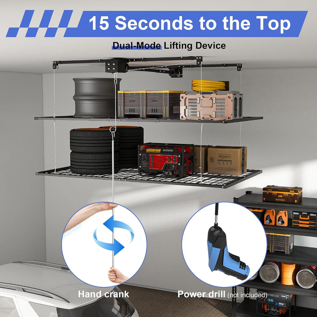 4x8FT Double-Layer Overhead Garage Storage Rack for High Ceilings