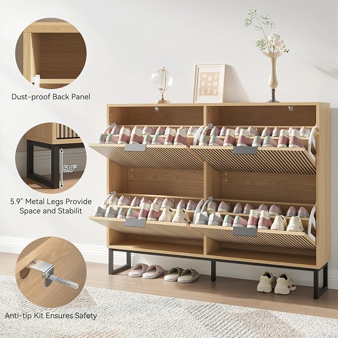 Shoe Cabinet with 4 Flip Drawers Set of 2, Narrow Wood Shoe Cabinet Storage - Image 5