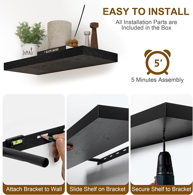 Black Floating Shelves 48 Inch Long, 8 Deep Floating Shelves - Image 8