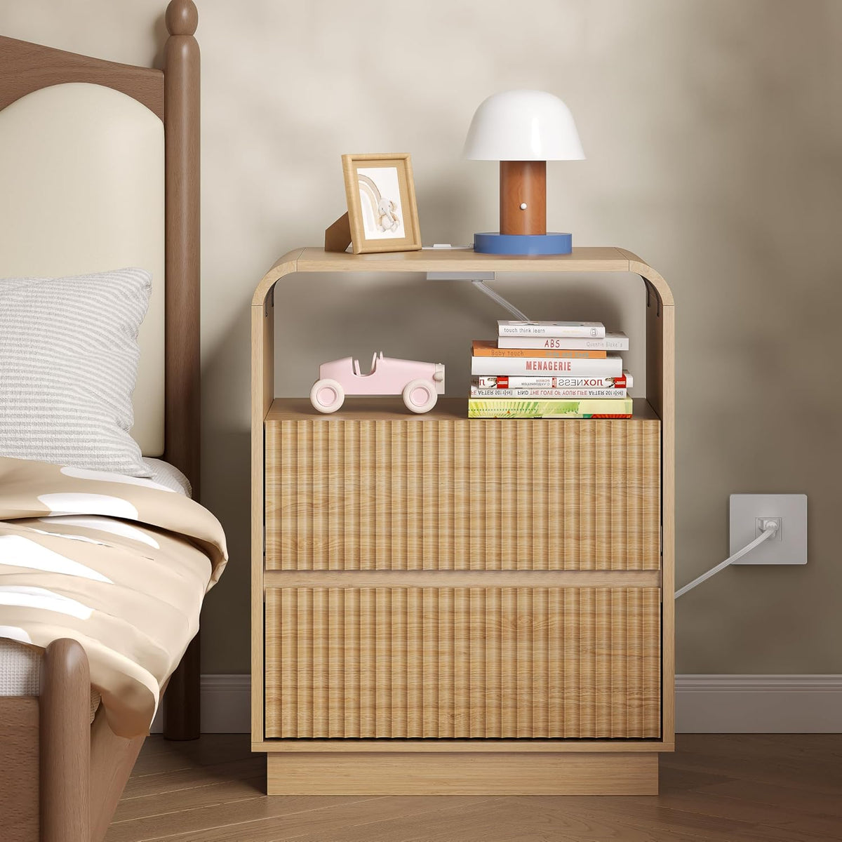 BORNOON Dresser with 2 Drawers and Charging Station, Fluted Bedside