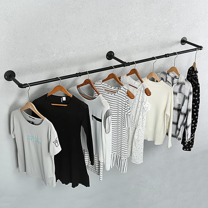 Industrial Pipe Clothes Rack, Heavy Duty 60inch Iron Garment Rack Wall Mounted - Image 5