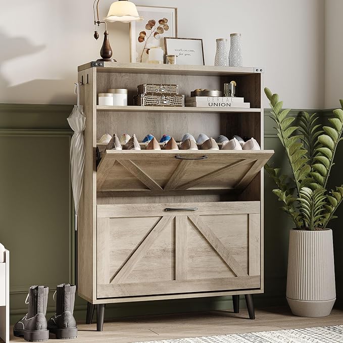 Shoe Cabinet with 2 Flip Drawers & Open Storage, Farmhouse Shoe Storage Cabinet by Halitaa