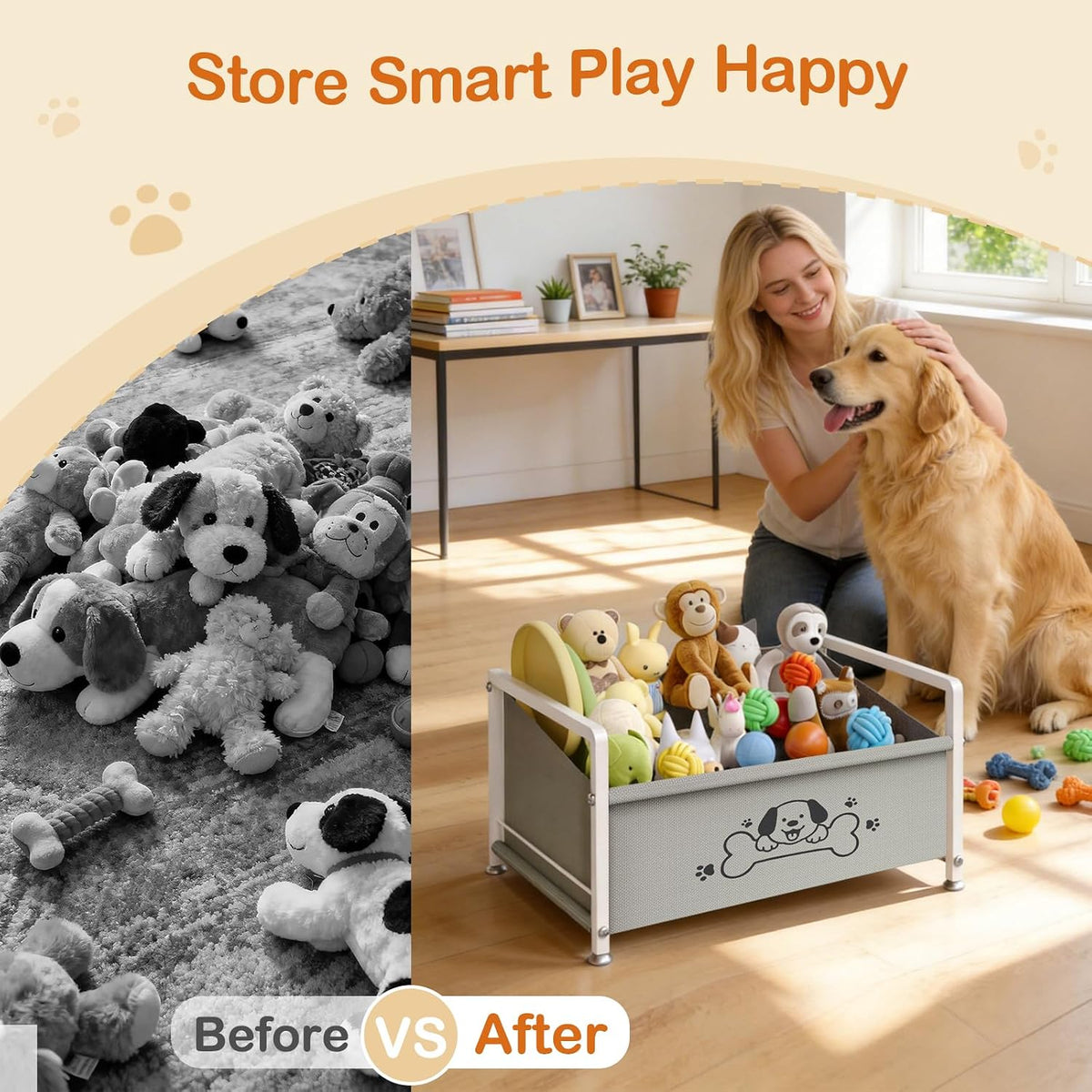 Dog Toy Box for Storage, Metal Frame Oxford Fabric Pet Toy Organizer