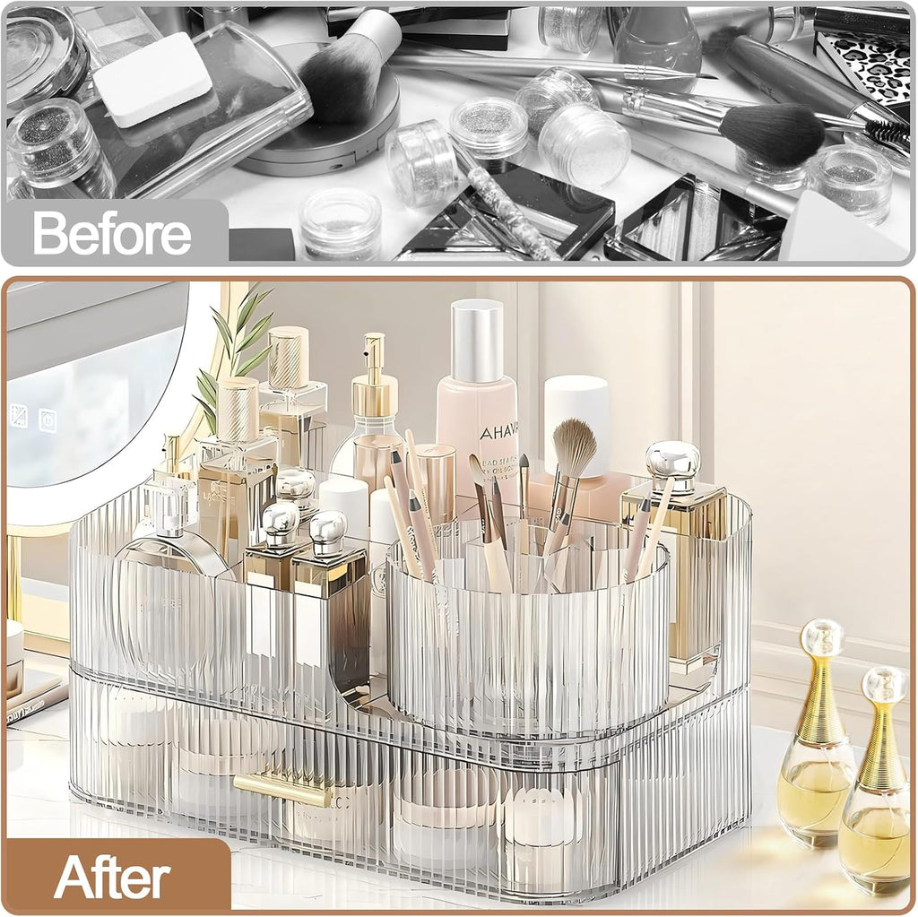 DASITON Makeup Organizer with Drawers and Rotating Makeup Brush