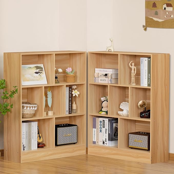 LEYAOYAO 7 Cube Bookshelf with Base, 3 Tier Mid-Century Modern Natural Bookcase - Image 8