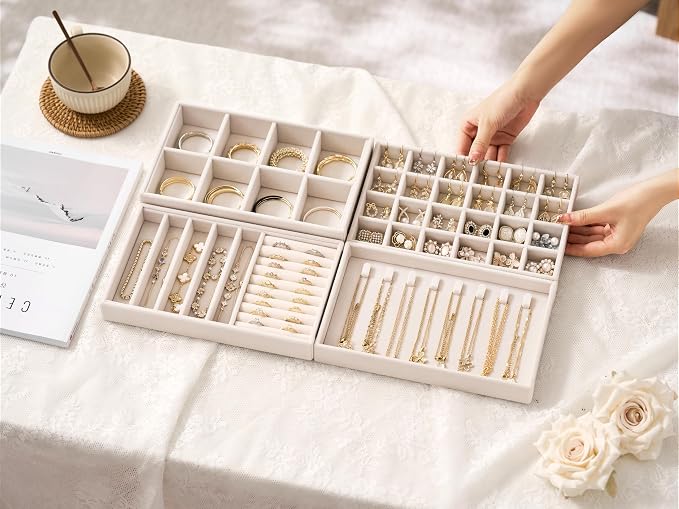 Velvet Jewelry Drawer Organizer Trays – Beige Stackable Jewelry Storage Inserts - Image 2