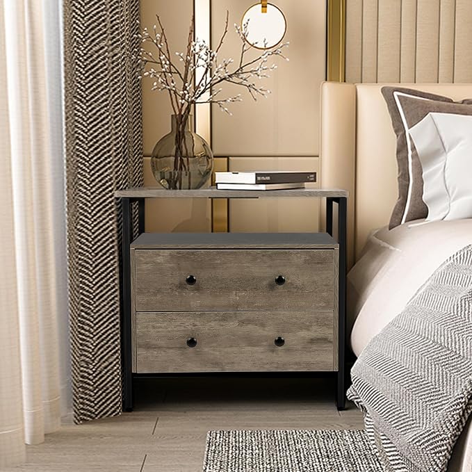 27 inch Wide Night Stand with Charging Station, Bedside Table with Open Shelf - Image 2