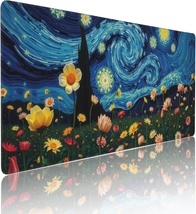Starry Night Large Mouse Pad, Vintage Aesthetic Flowers Gaming Desk Mat - Image 2