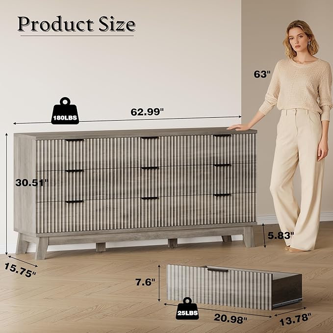 63" Long Dresser for Bedroom, 9-Drawer Fluted Dresser, Extra-Wide Wood Chest of - Image 2