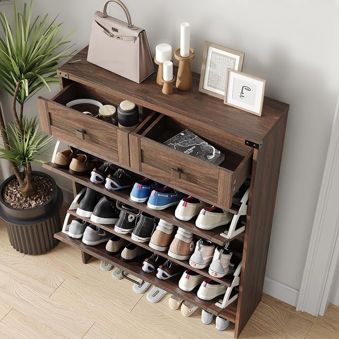 Shoe Cabinet with 2 Flip Drawers & 2 Drawers, Farmhouse Shoe Storage Cabinet - Image 4