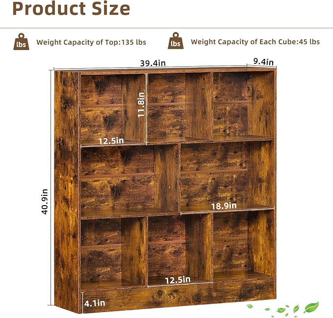 LEYAOYAO 8 Cube Bookshelf with Base, 3 Tier Mid-Century Modern Brown Bookcase - Image 2