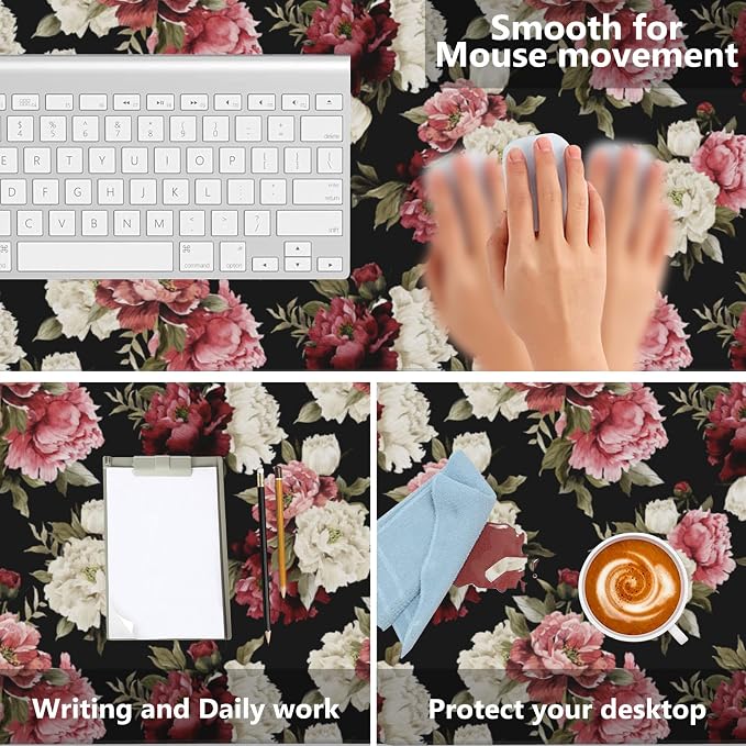 Desk Mat, Watercolor Peonies Floral Gaming Mouse Pad, XXL Extended Mouse Pad Mat - Image 4