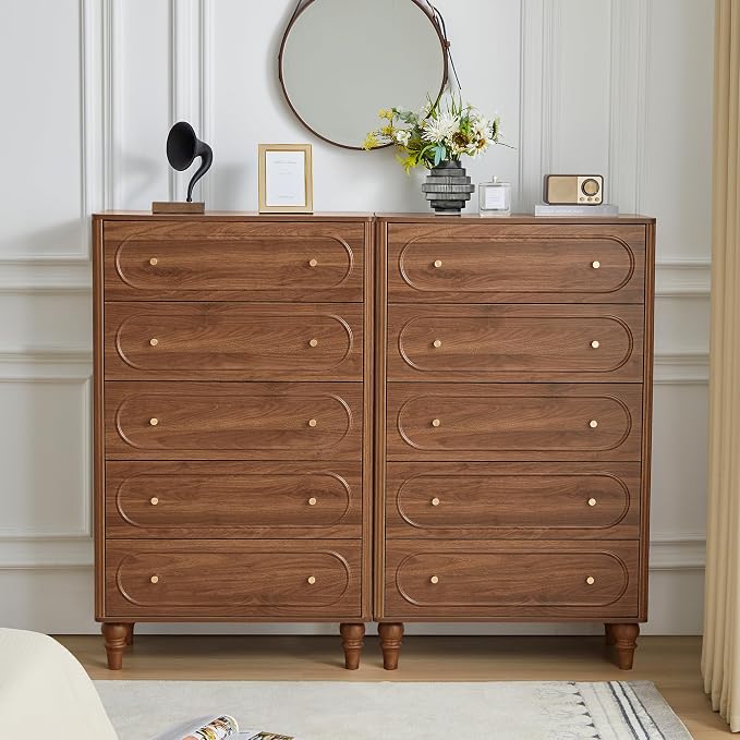 Fluted 5 Drawer Dresser for Bedroom Set of 2, Modern Mid Century Chest of - Image 3