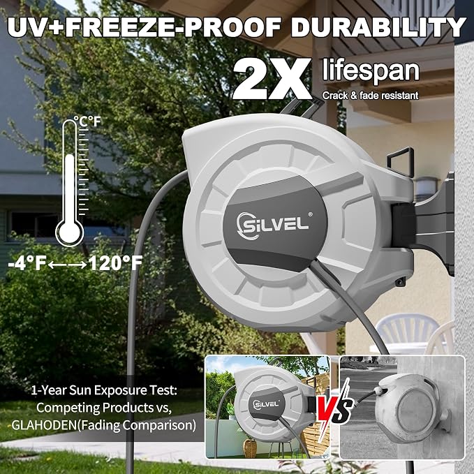 SILVEL Retractable Garden Hose Reel, 1/2 in x 75ft Wall Mount Heavy Duty - Image 4
