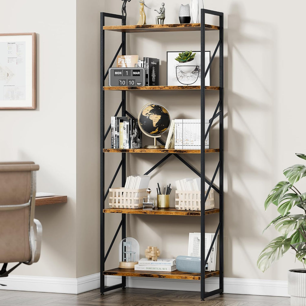 Vongrasig 5 Tier Metal Bookshelf, Narrow Industrial Bookcase, Walnut