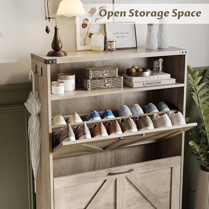 Shoe Cabinet with 2 Flip Drawers & Open Storage, Farmhouse Shoe Storage Cabinet - Image 8