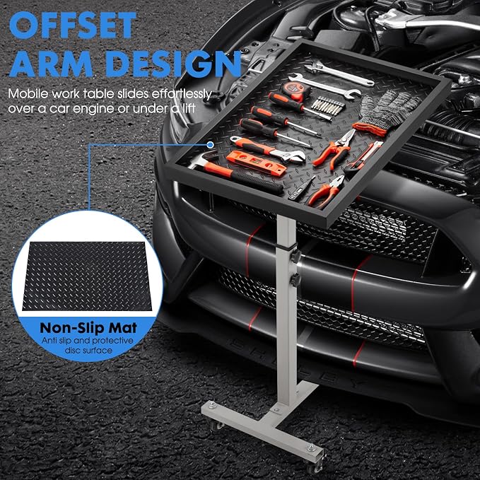 Adjustable Work Table with Wheels, Mechanic Rolling Tool Tray Table - Image 2