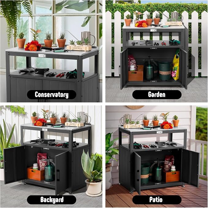 Garden Potting Bench with Storage Cabinet, Outdoor Gardening Table & Work Bench - Image 8