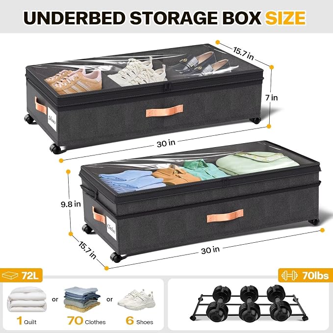 Under Bed Storage with Wheels, 2 Pack XXL Rolling Storage Containers - Image 2