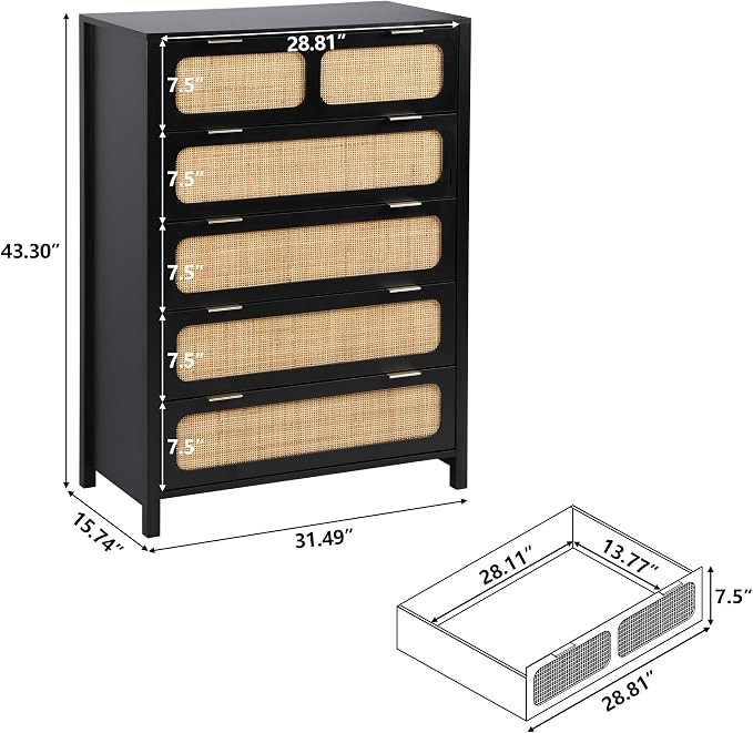 LEVNARY 5 Drawer Chest Dresser, Rattan Tall Dresser 5 Chest of Drawers Dressers - Image 2