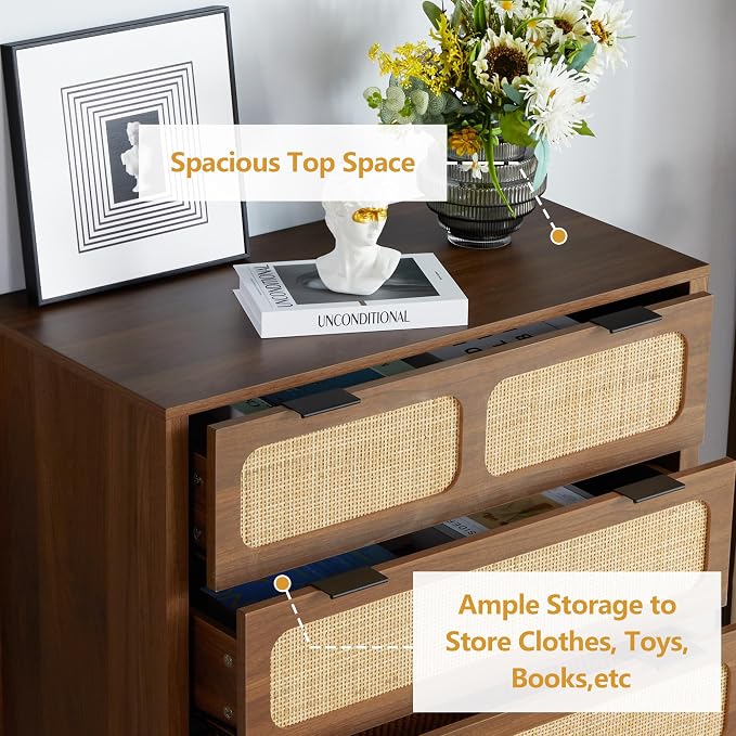 5 Drawer Dresser with Rattan Finish, Modern Farmhouse Chest of Drawers with - Image 9