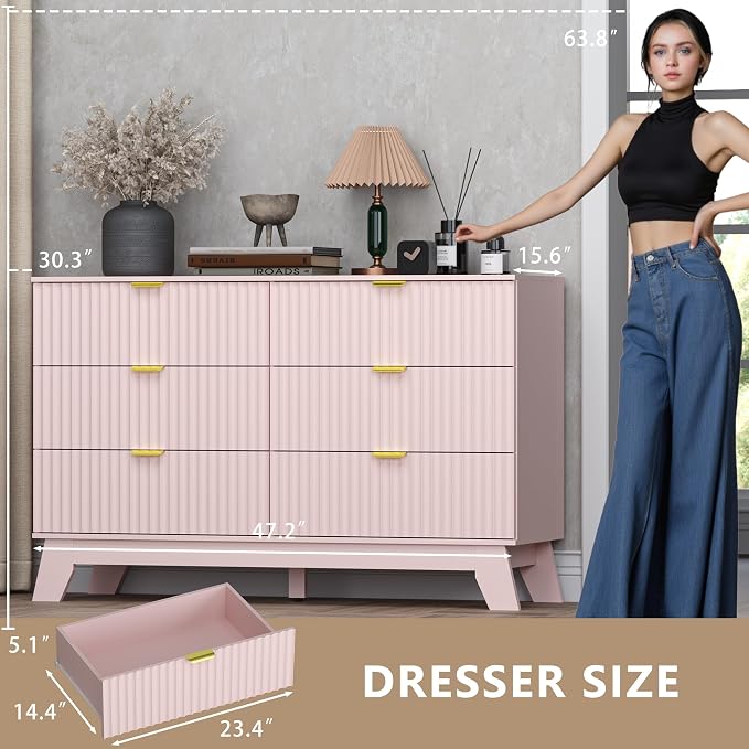 Fluted 6 Drawer Dresser, 47.2" Wide Modern Boho Chest of Drawers, Wooden - Image 2