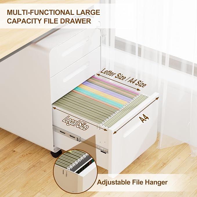 3 Drawer File Cabinet with Lock and 4 Keys, Mobile Metal Filing Cabinet - Image 7