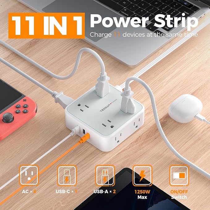 Surge Protector Power Strip, TESSAN 5 Ft Flat Plug Extension Cord - Image 2
