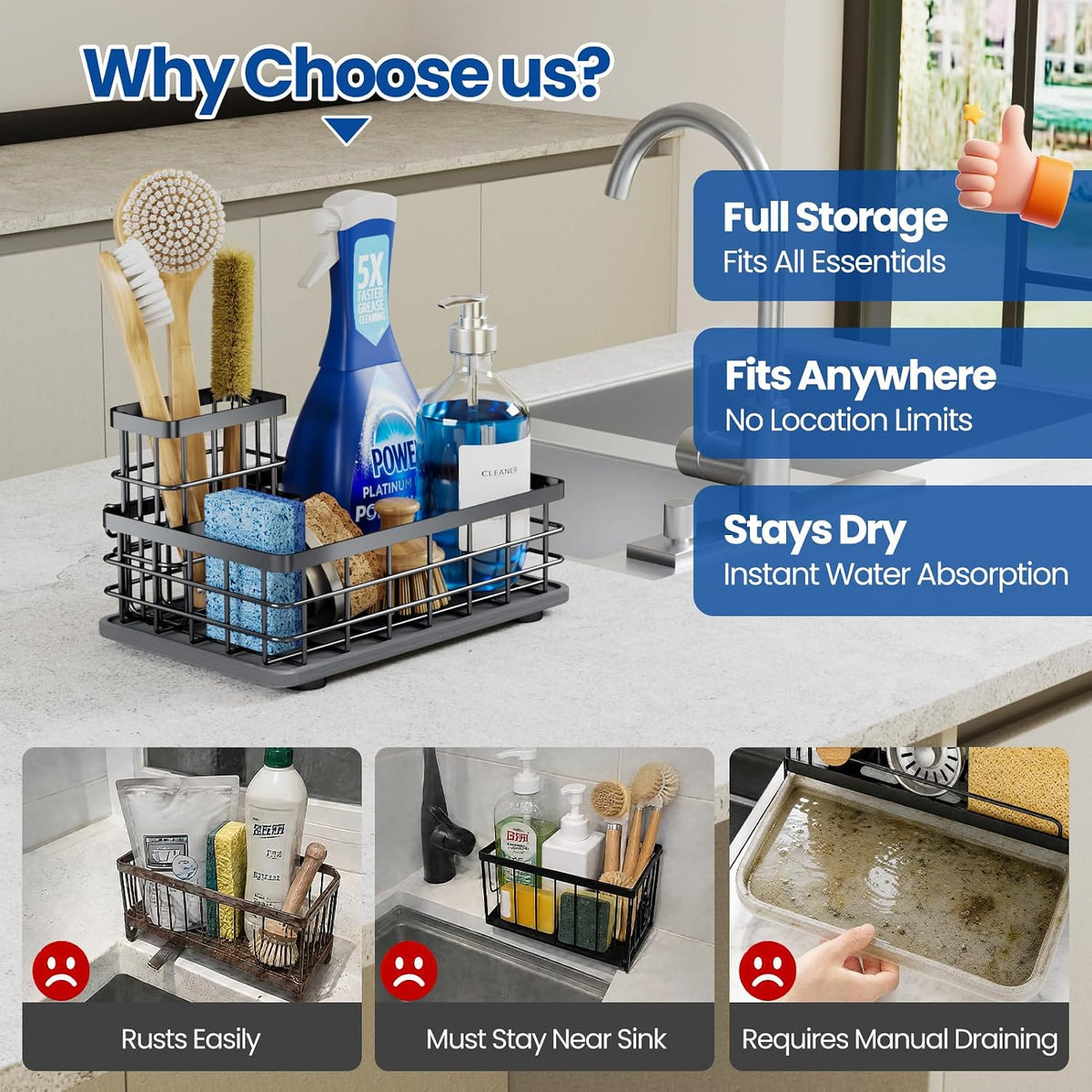 Extra Large Sink Caddy with Drying Stone, Sponge & Brush Holder for