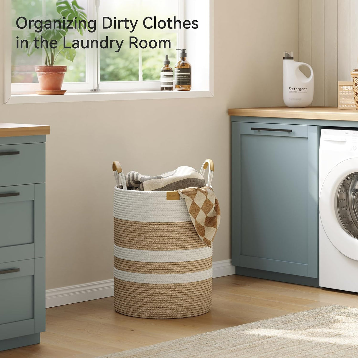 62L Striped Laundry Hamper with Leather Handles,Large Foldable Laundry