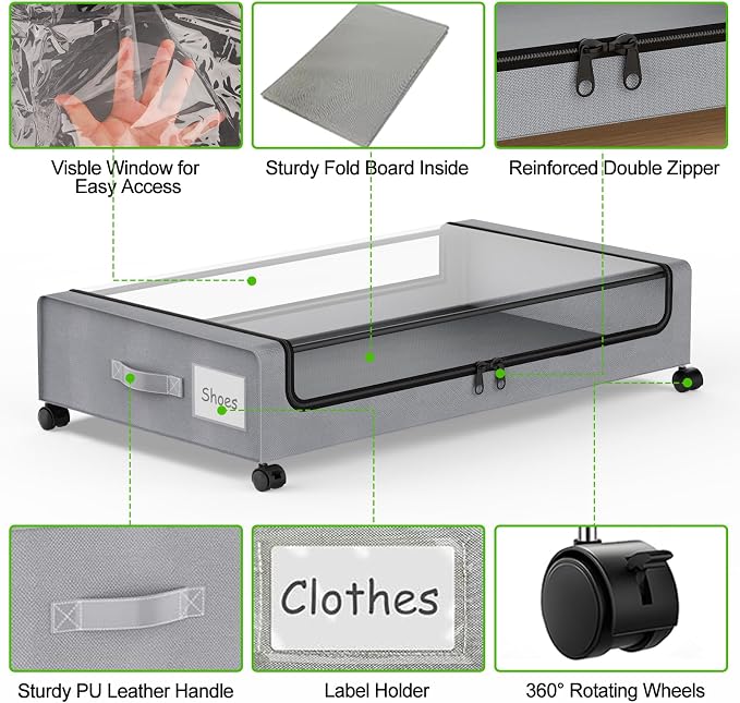 Under Bed Storage with Wheels, Under Bed Shoe Storage Organizer Bins, Rolling - Image 4