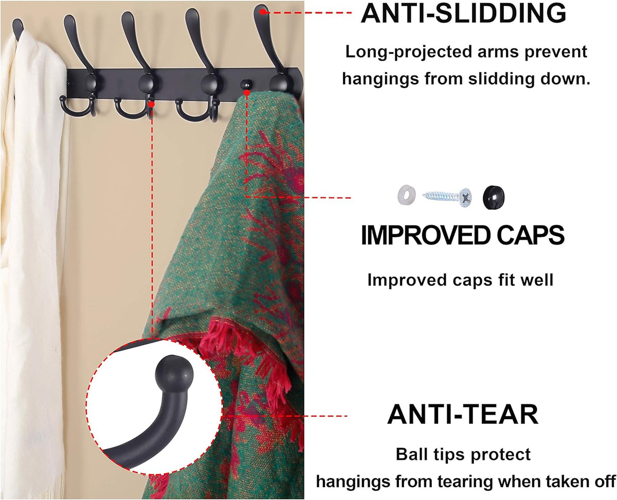 Coat Rack Wall Mounted - 5 Tri Hooks, Heavy Duty, Stainless Steel