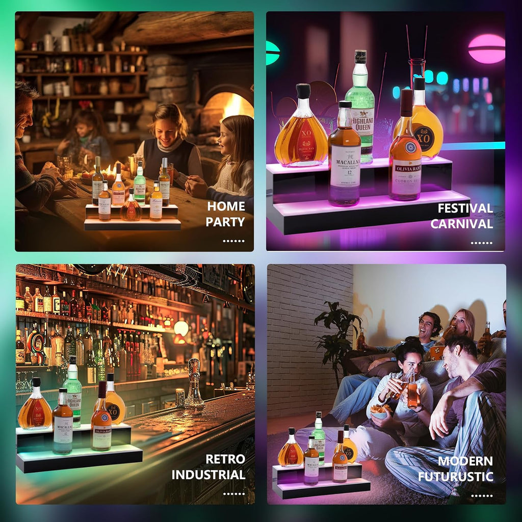 Led Lighted Liquor Bottle Display Shelf, 20 Inch 2 Tier Whiskey Rack