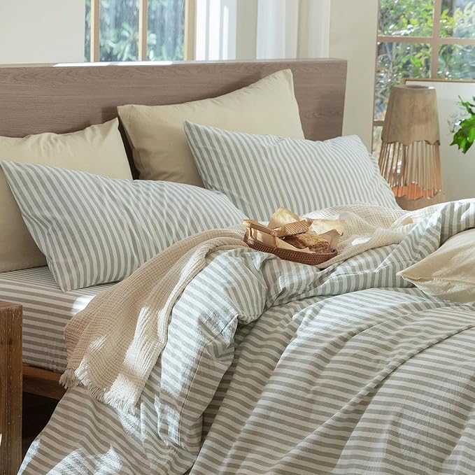 MooMee Bedding Pillowcases Striped Pack of 2 100% Washed Cotton Linen Like - Image 5