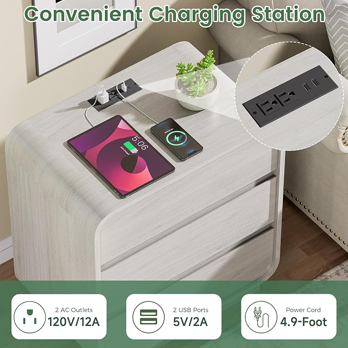 White Nightstand with Charging Station, Modern Curved End Table with 3 Storage - Image 3
