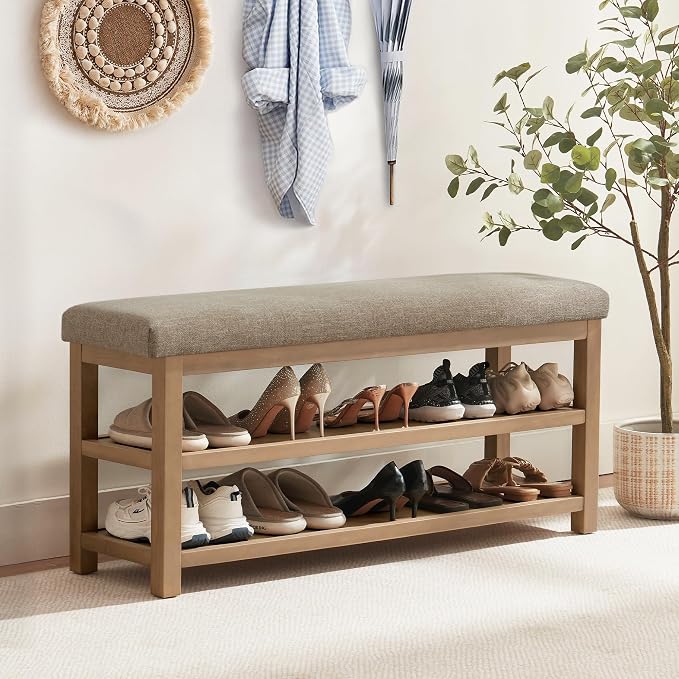 Shoe Rack Bench with Cushion, 2 Tier Solid Wood Storage Bench, Mid-Century - Image 3