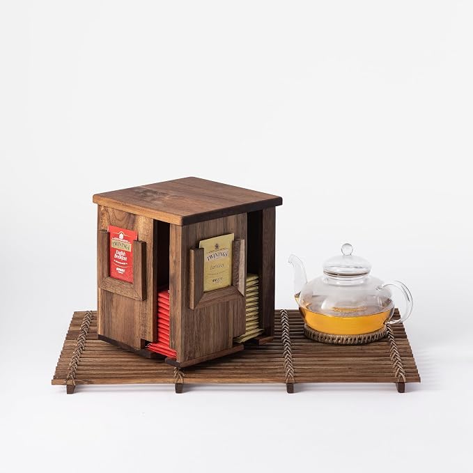 Rotating Tea Bag Organizer – Acacia Wood 4-Sided Storage Box - Image 7