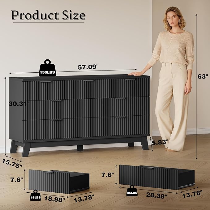 57" Long Dresser for Bedroom, 7-Drawer Fluted Chest, Wide Wood Storage Dresser - Image 2