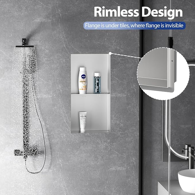 Bathroom Wall Niche, Stainless Steel Shower Niche 12" X 24", Rimless Recessed - Image 4