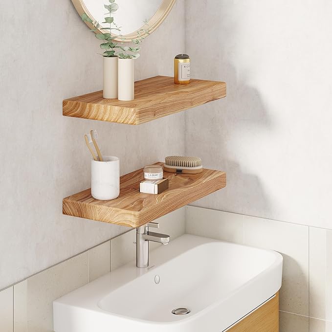 Fun Memories Rustic Solid Elm Wood Floating Shelves, 8 Inch Deep Wall Shelves - Image 2
