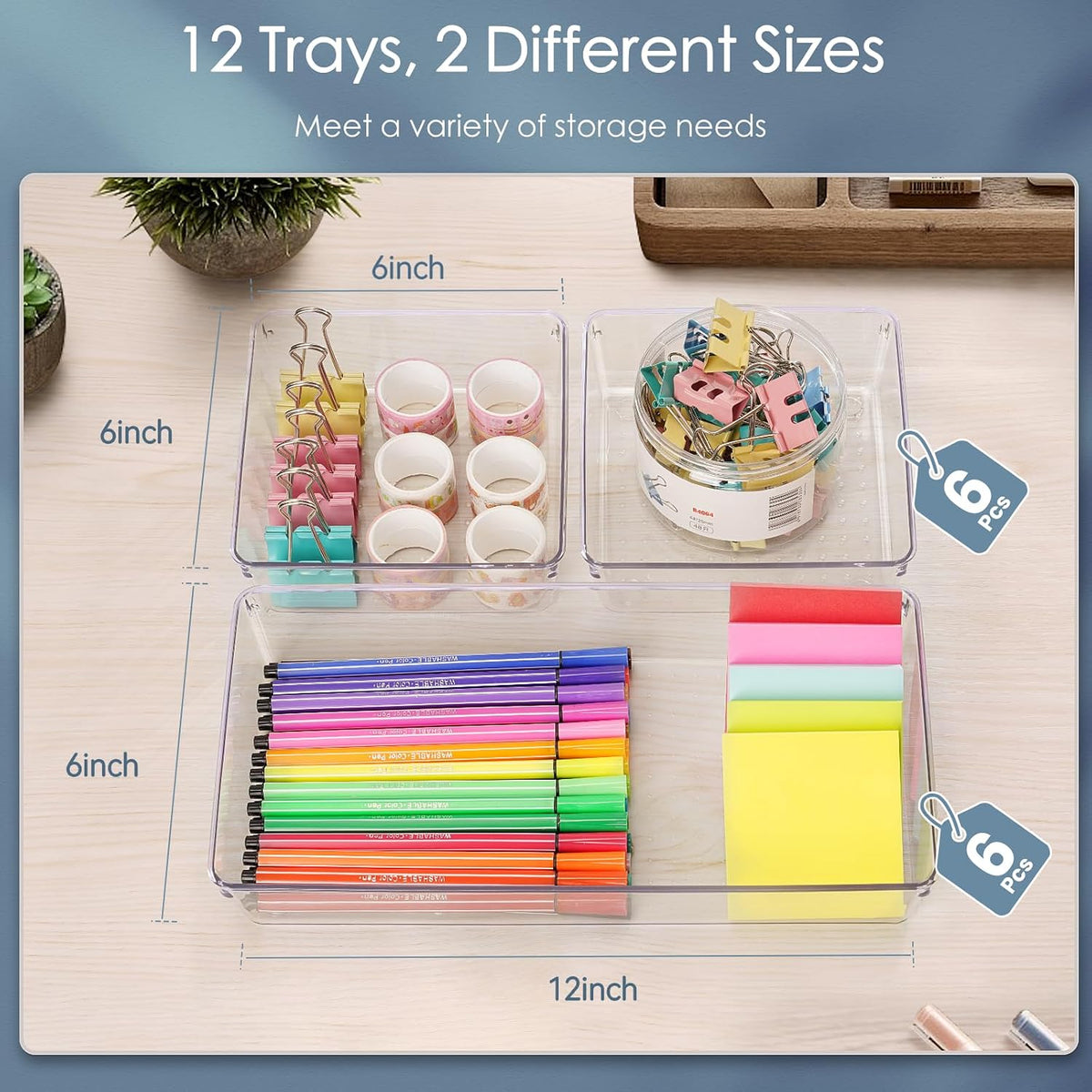 12 Pack Large Clear Plastic Drawer Organizer Set, Acrylic Bathroom