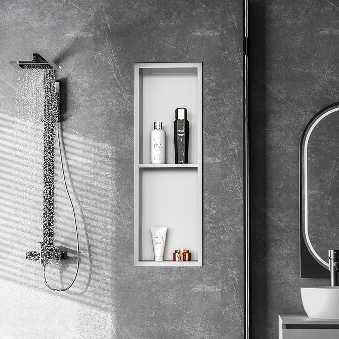 Stainless Steel Shower Niche 24" X 8", No Tile Needed Wall Niche Double Shelves - Image 9