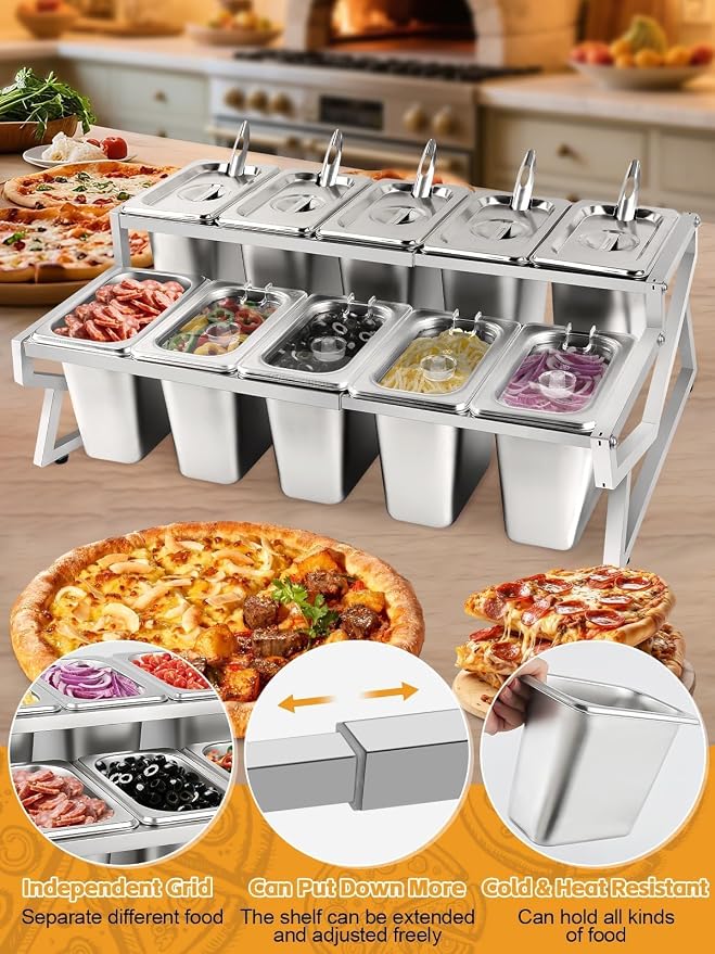 Kalolary 10 Pans Pizza Topping Storage Station, 2 Row Adjustable Stainless - Image 5