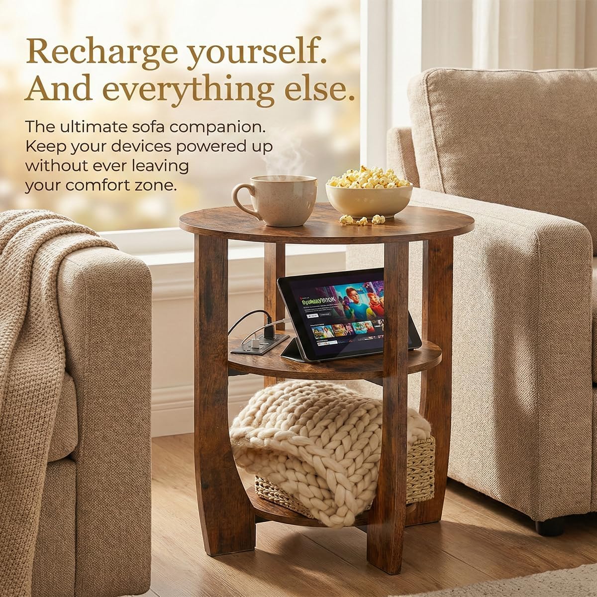 Round Side Table with Charging Station,19.7" D,Rustic Brown