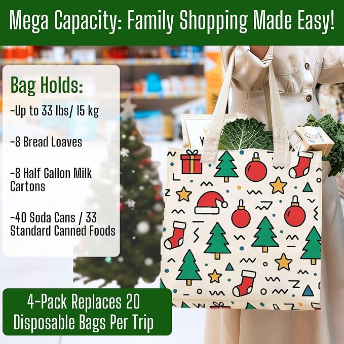 VENO 4 Pack Christmas Reusable Grocery Bags, Heavy-Duty Shopping Bags - Image 4
