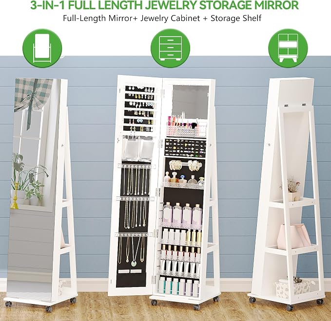 HNEBC 360° Swivel Mirrored Jewelry Armoire - Image 4