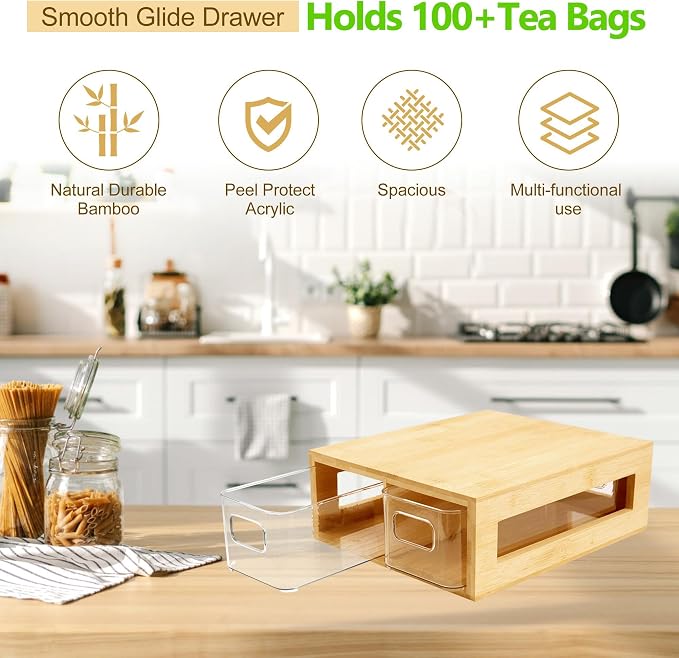 Tea Bag Organizer, Bamboo and Acrylic Drawer Tea Bag Holder Wood Tea Bag Storage - Image 4