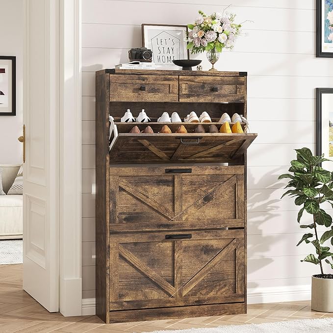 Shoe Cabinet with 3 Flip Drawers & 2 Drawers, Freestanding Shoe Storage Cabinet by Halitaa