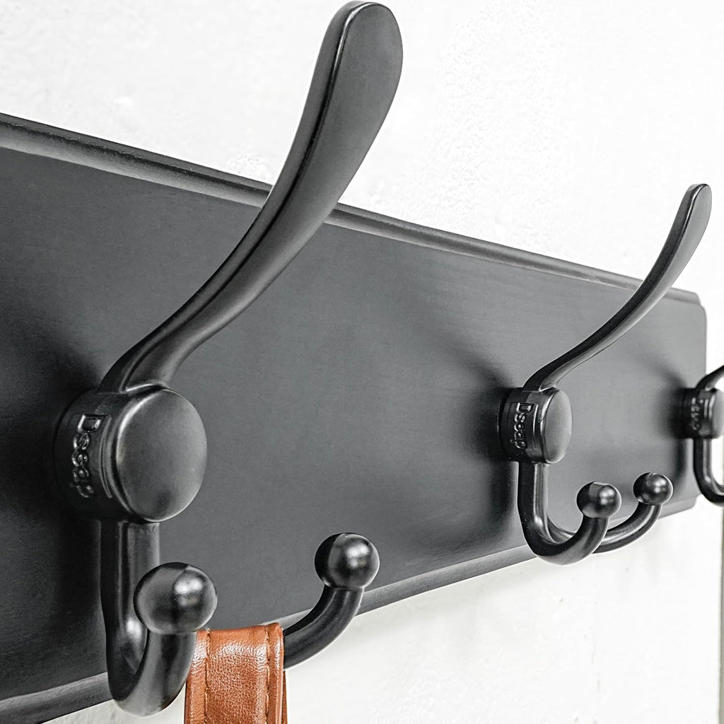 Coat Rack Wall Mounted - 5 Tri Hooks, Heavy Duty, Wooden Wall Coat