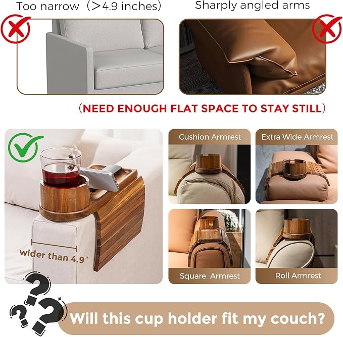 Couch Cup Holder for Thin Armrest Wider Than 4.9'', Acacia Wood Couch Arm Tray - Image 3